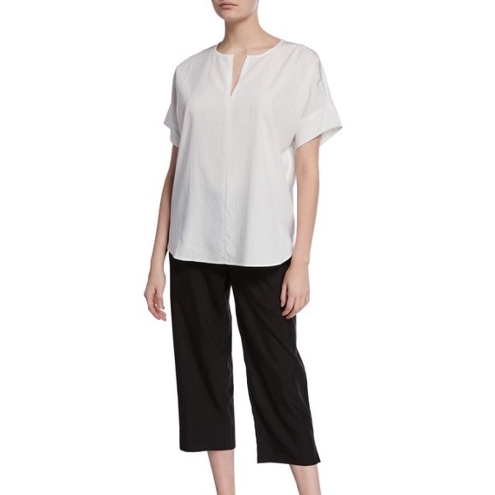 Eileen Fisher Slit-Neck Boxy Sandwash Tunic White Short Sleeve Blouse White‎ S